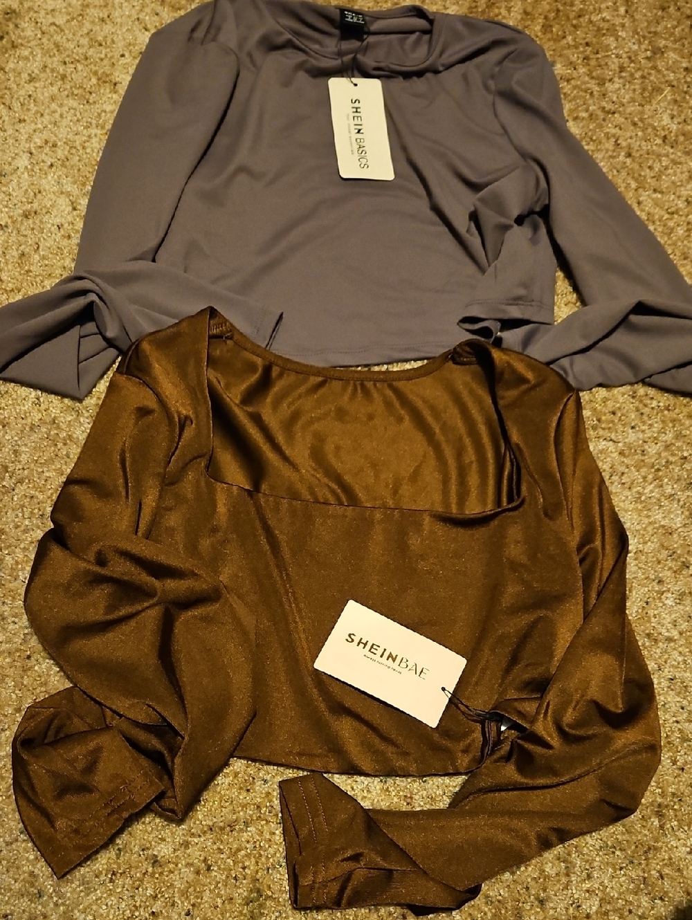 SHEIN Brown Satin Scoop-Neck Crop Blouse & Gray Lavender Crop Long-Sleeve Top